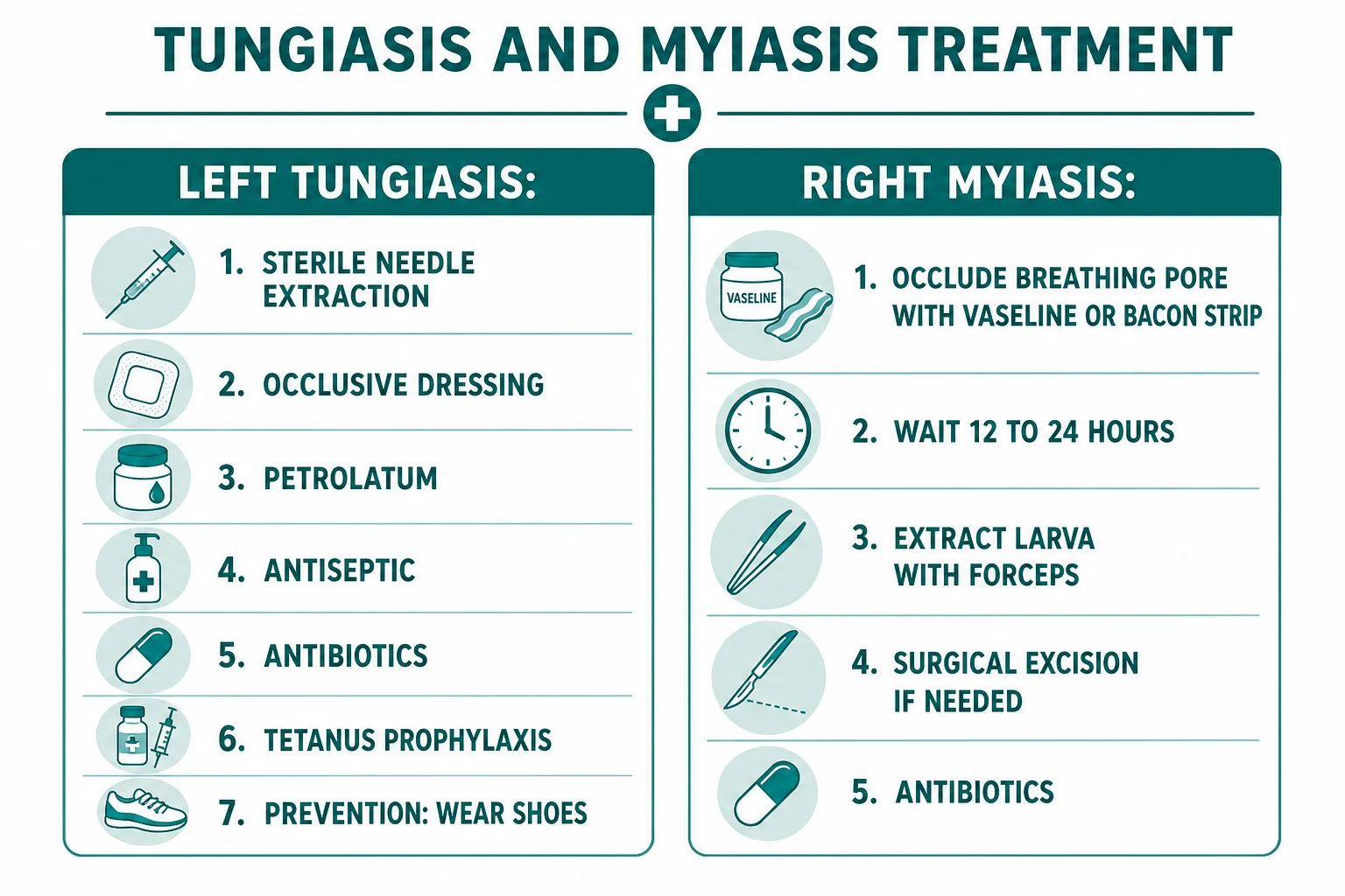 Treatment infographic for tungiasis (sterile needle extraction, occlusive dressing, petrolatum, antiseptic, antibiotics, tetanus prophylaxis, footwear) and myiasis (occlude breathing pore with petrolatum or bacon, wait, extract larva with forceps, surgical excision, antibiotics)