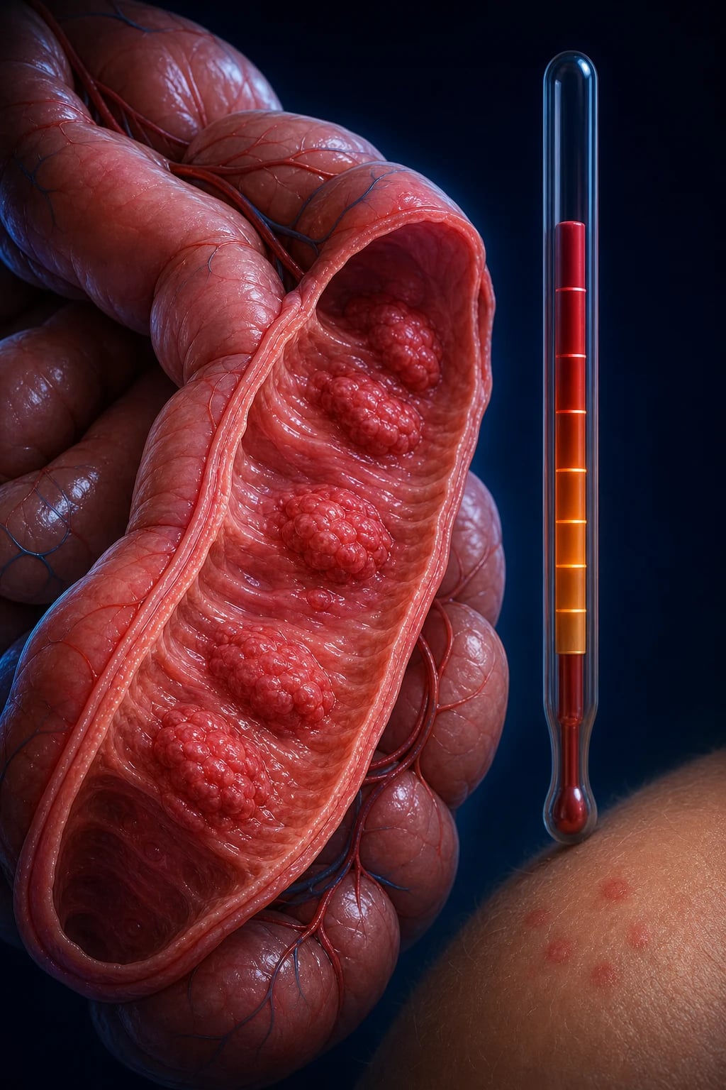 Cinematic 3D close-up of the small intestine with inflamed swollen Peyer's patches in the ileum, a thermometer rising stepwise, and rose-spot dots on skin nearby, against a deep navy background