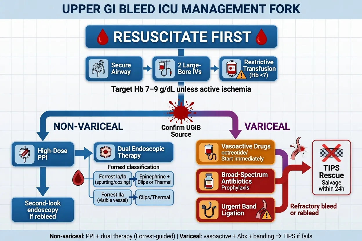 Upper GI bleed ICU management fork: resuscitate first then non-variceal PPI dual endoscopic therapy versus variceal vasoactive antibiotic band ligation with TIPS rescue