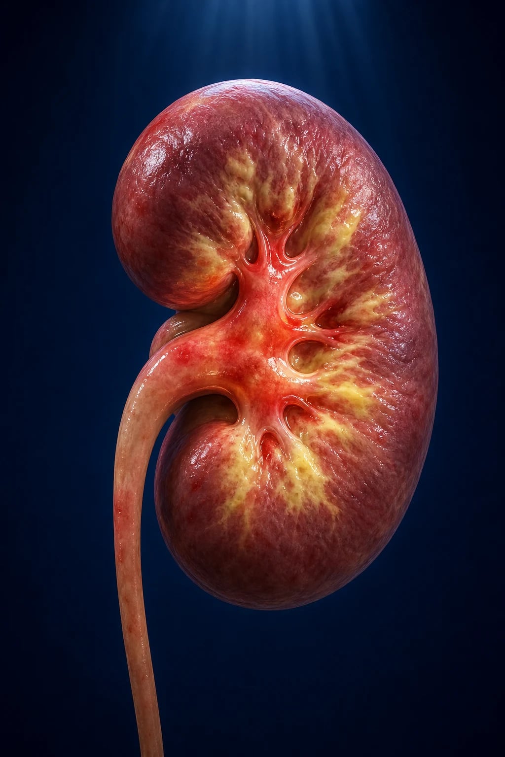 Cinematic 3D anatomical illustration of an inflamed kidney with ascending pyelonephritis, swollen renal parenchyma, against a deep navy background