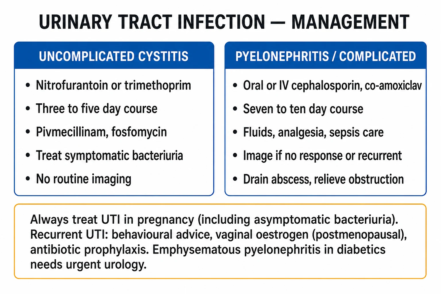 Clean stepwise management infographic: uncomplicated cystitis 3 to 5 days, pyelonephritis 7 to 14 days, complicated/pregnancy/CAUTI pathways with drugs and durations