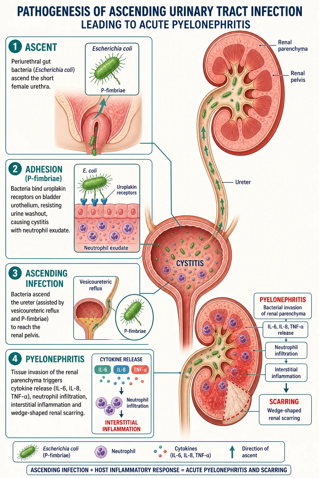 Mechanism infographic: periurethral E. coli with P-fimbriae ascending urethra to bladder (cystitis) then up ureter to renal pelvis (pyelonephritis) with cytokine-mediated neutrophil infiltration and wedge-shaped scarring