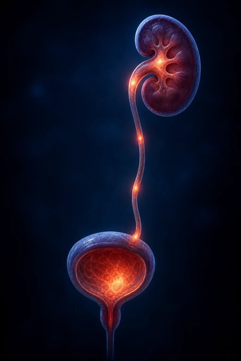 Cinematic 3D abstract illustration of the paediatric urinary tract showing kidney, ureter and bladder with ascending inflammation foci, against a deep navy background