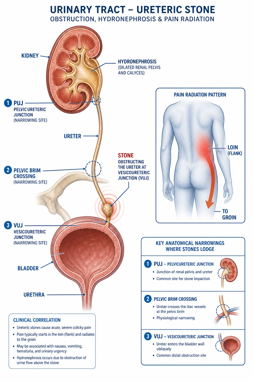 Urinary tract anatomy showing a stone lodged at the ureterovesical junction with proximal hydronephrosis and the classic loin-to-groin pain radiation pattern.