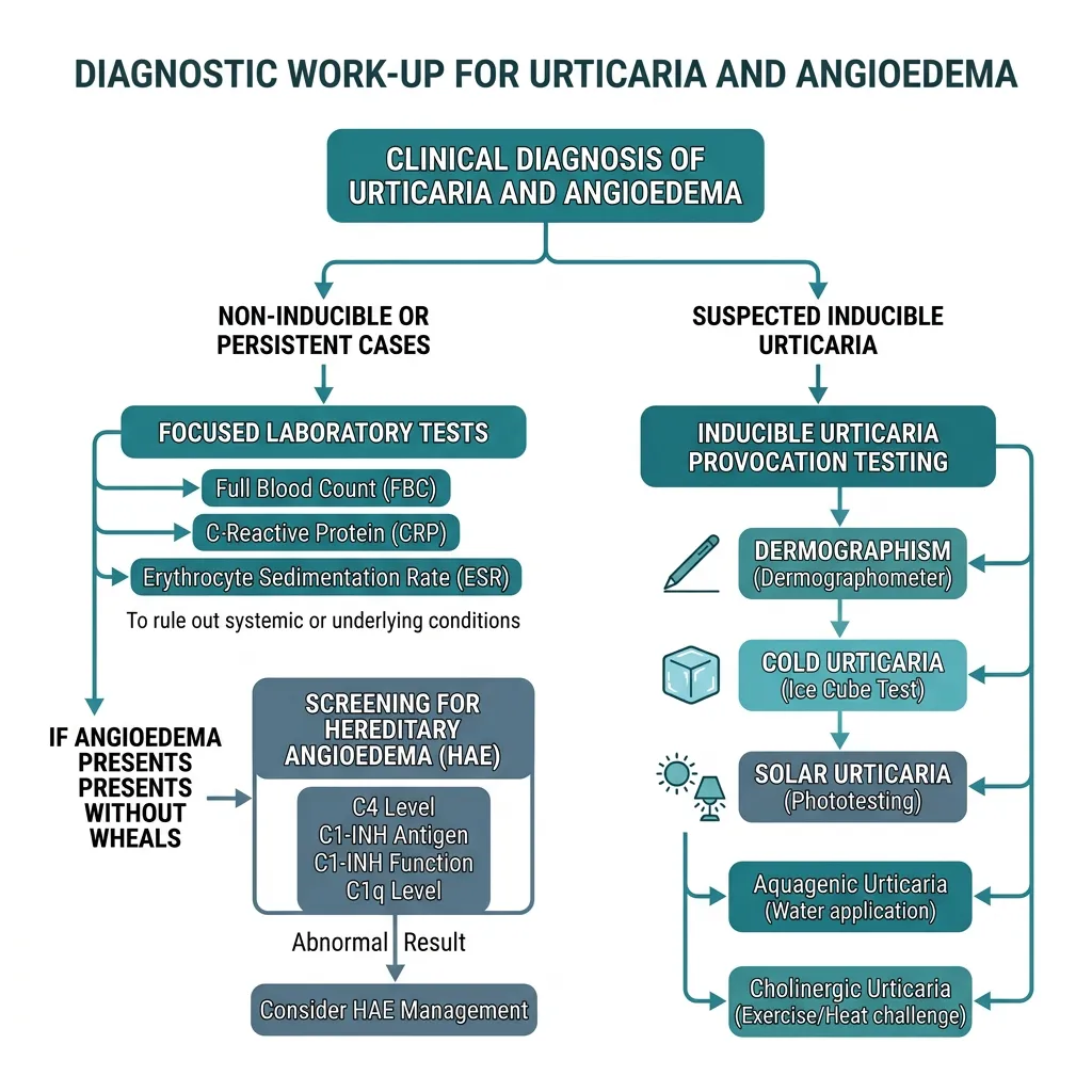 Diagnostic algorithm flowchart for urticaria and angioedema showing history, examination, basic tests, HAE complement screen, and provocation testing for inducible subtypes