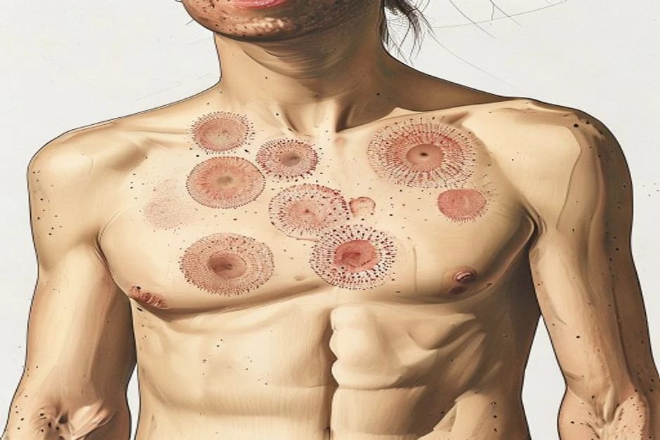 Raised erythematous wheals with central pallor on the trunk of a patient with chronic spontaneous urticaria