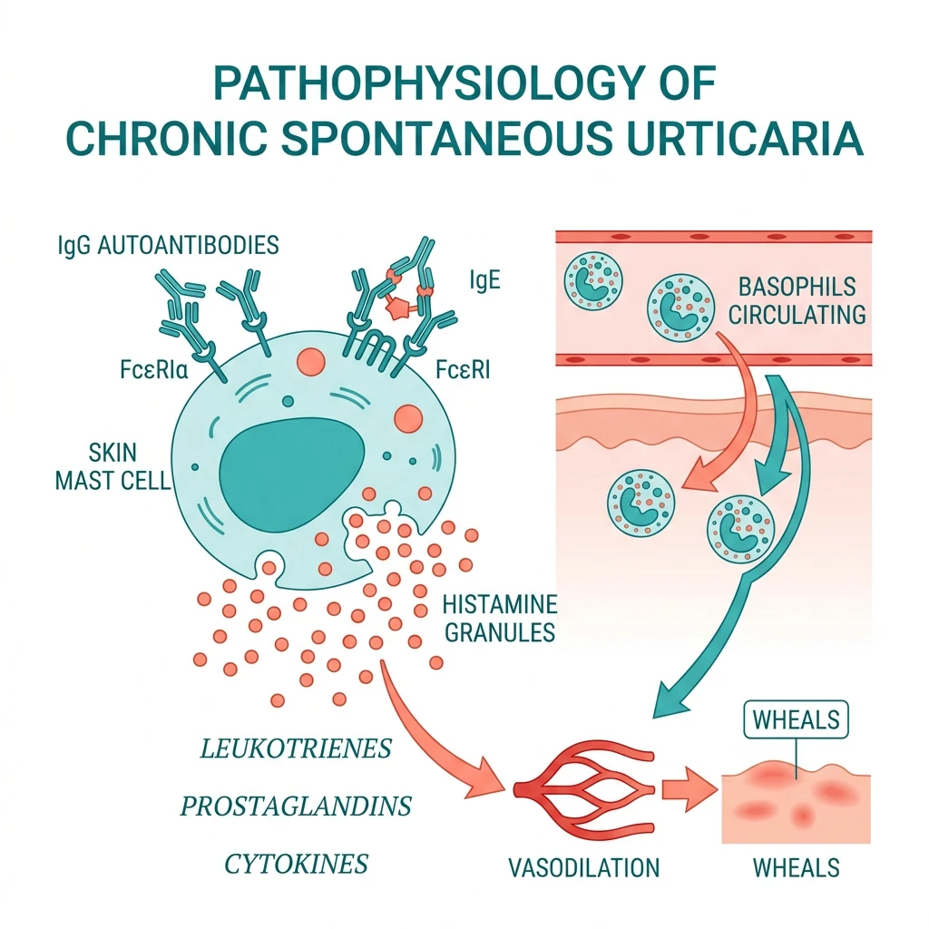 Diagram of chronic spontaneous urticaria pathophysiology showing mast cell activation via IgE and IgG autoantibodies, histamine and cytokine release, and basophil FcεRI signalling