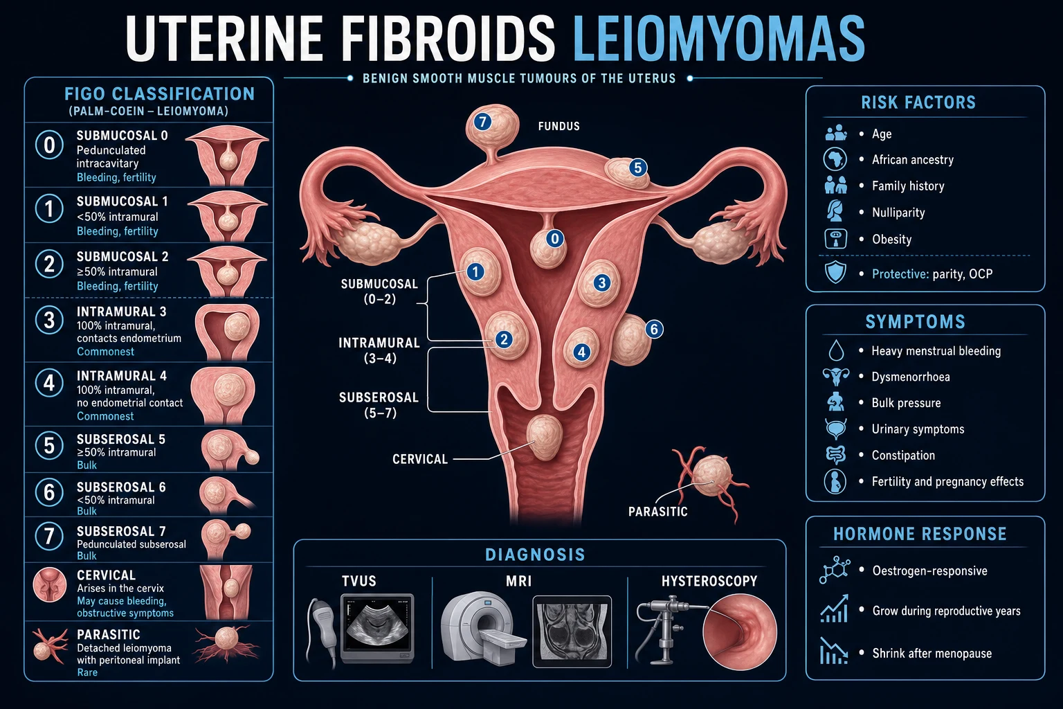 Infographic of the FIGO 0 to 8 classification of uterine fibroids by location with associated symptoms, risk factors and diagnostic approach