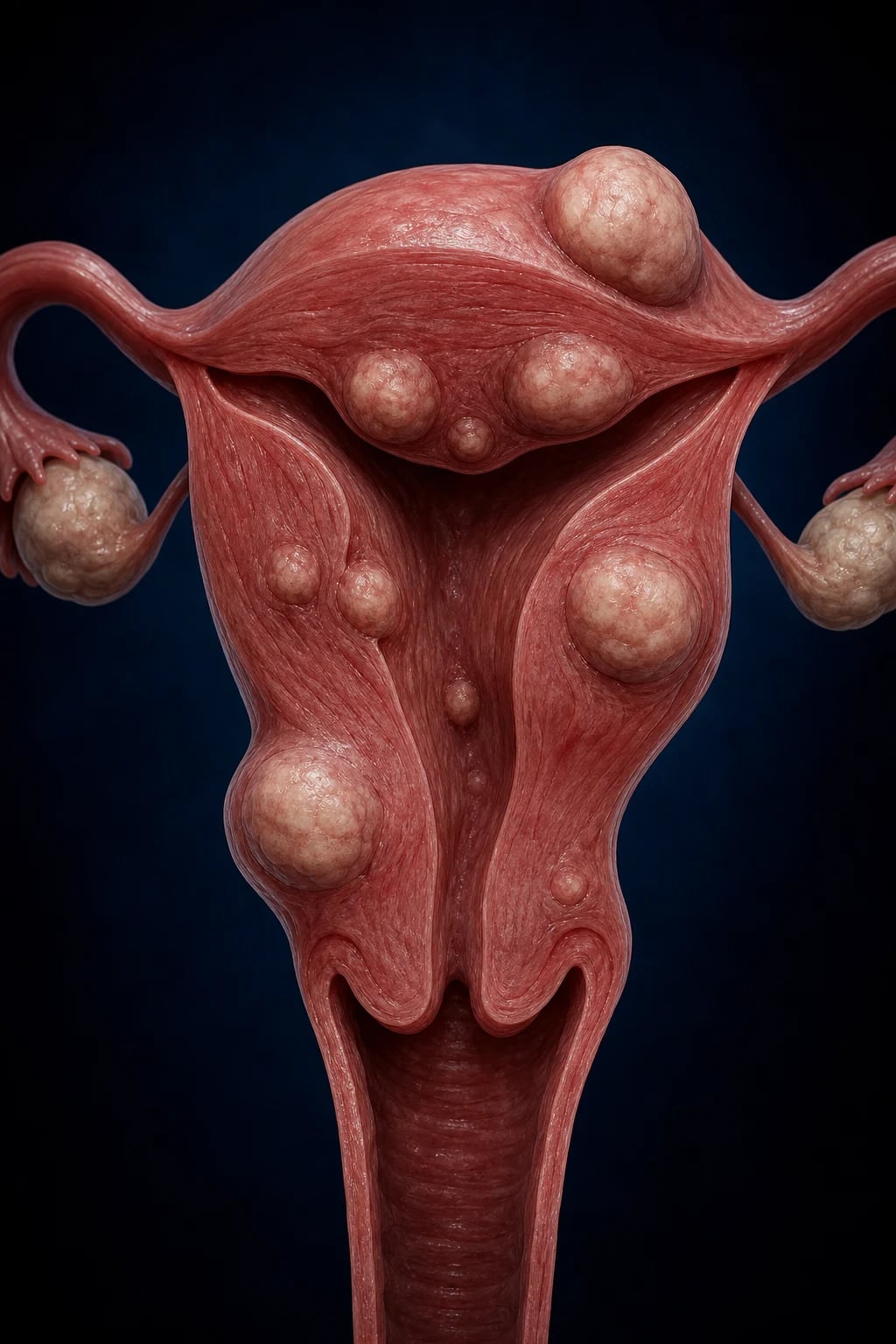 Cinematic anatomical illustration of a uterus containing several rounded smooth-muscle nodules of varying sizes within and on its wall, against a deep navy background
