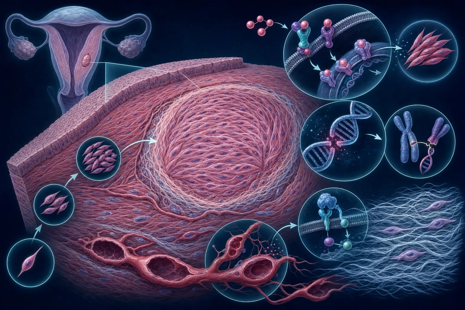 Abstract molecular-cellular illustration of fibroid pathogenesis showing a monoclonal myometrial progenitor cell expanding into a whorled smooth-muscle tumour with collagenous extracellular matrix, hormonal receptor signalling and somatic gene mutation markers
