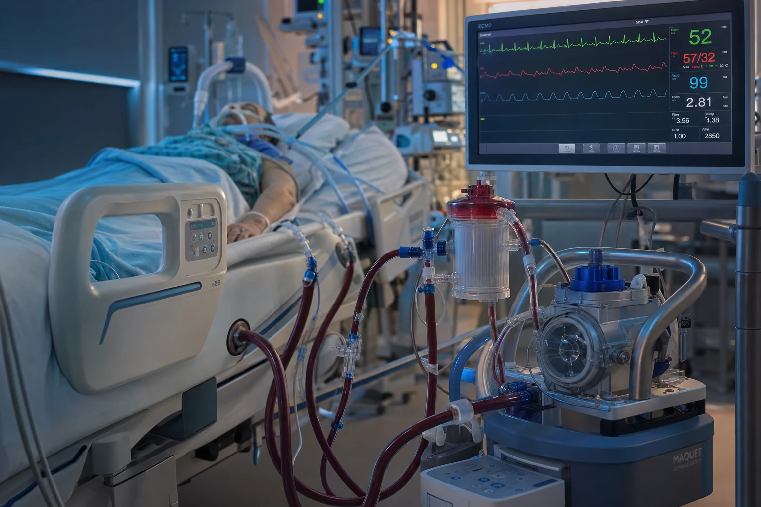 Cinematic ICU scene of a veno-arterial ECMO circuit at the bedside with a centrifugal pump, an oxygenator, and large-bore femoral cannulae, connected to an intubated patient with a cardiac monitor, a distal limb perfusion cannula in the leg, clinical-blue lighting