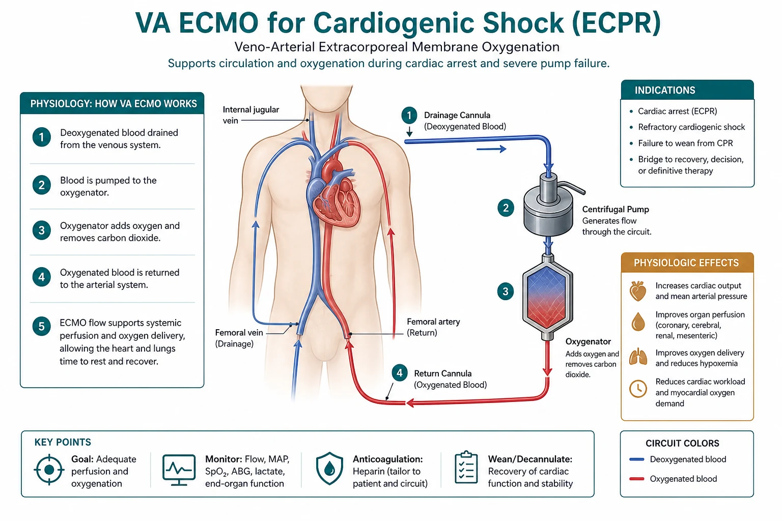 Infographic on a white clinical-blue background with a central body outline: a blue arrow draining venous blood from the right atrium through a pump and oxygenator, a red arrow returning oxygenated blood to the femoral artery; four callout boxes INDICATIONS (refractory cardiogenic shock, ECPR), CANNULATION (peripheral femoro-femoral vs central; distal perfusion cannula), KEY RISKS (bleeding, limb ischaemia, LV distension, Harlequin), GOALS (bridge to recovery, decision, transplant, LVAD). Flat vector illustration, crisp typography.