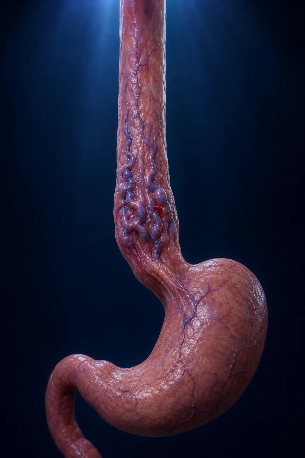 Cinematic 3D anatomical illustration of the lower oesophagus and upper stomach with engorged, bleeding submucosal variceal veins against a deep navy background