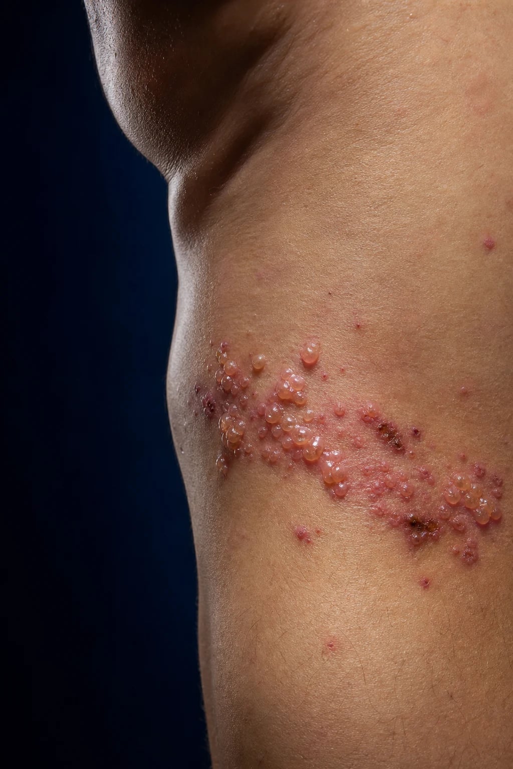 Cinematic 3D close-up of skin with a unilateral band of clustered vesicles on one side of the torso, alongside a few scattered vesicles at different stages (chickenpox), against a deep navy background