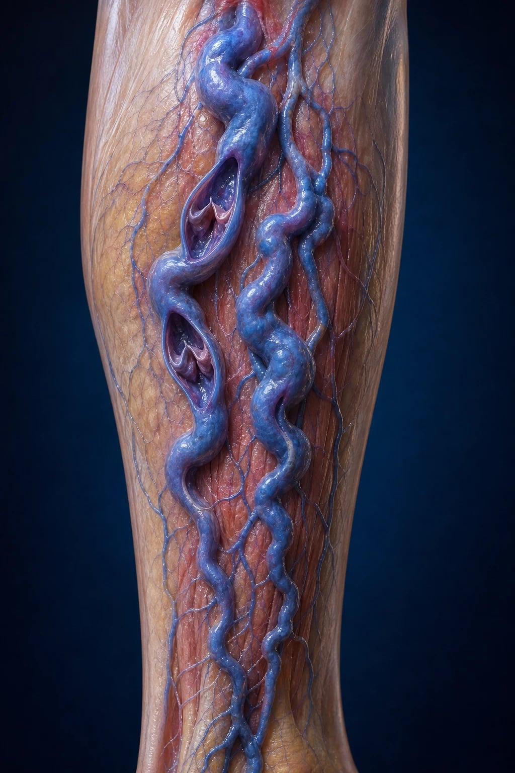 Anatomy of the superficial venous system: great saphenous vein, short saphenous vein, perforators, saphenofemoral and saphenopopliteal junctions.