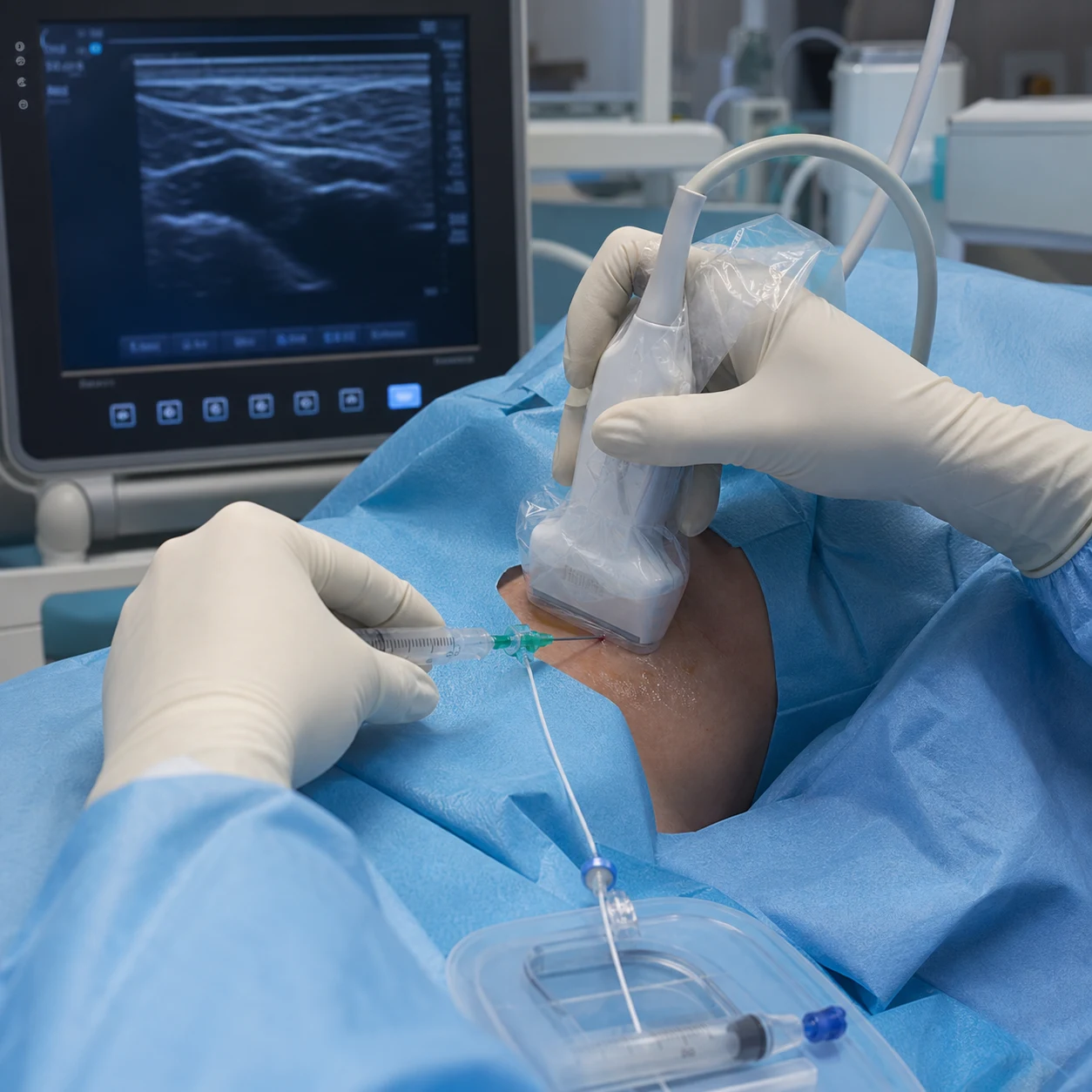 Cinematic clinical photograph of an ultrasound-guided internal jugular central line procedure with sterile drape, clinical-blue lighting, no faces, no text