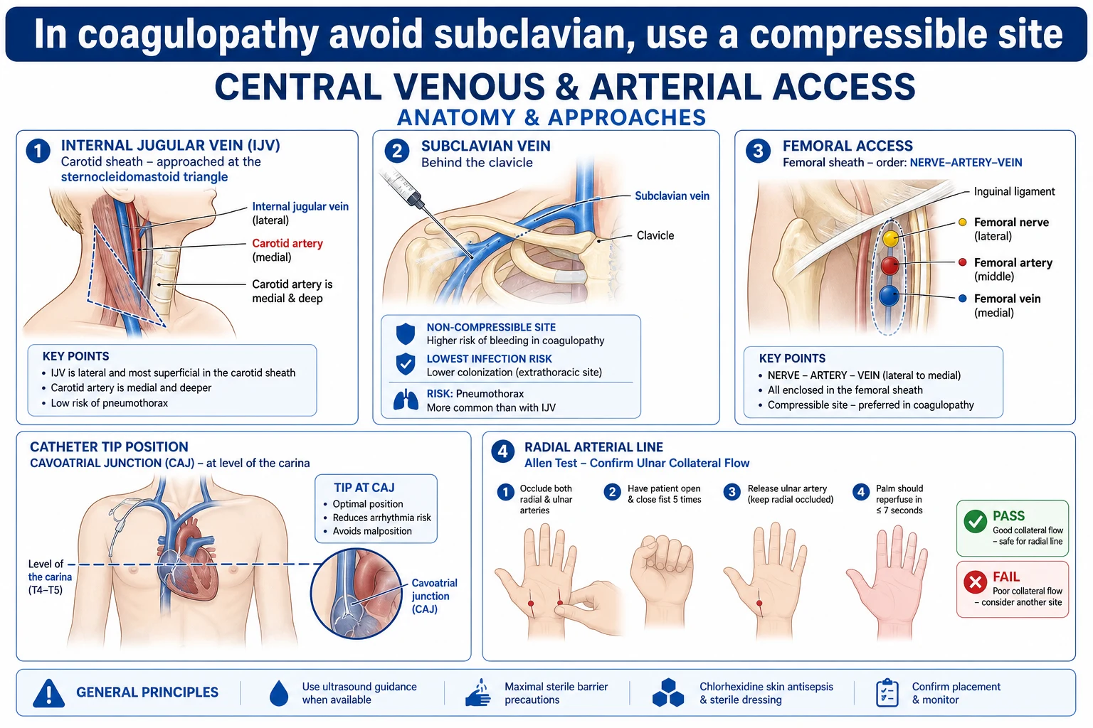 Medical infographic on white clinical-blue, flat vector, crisp typography. Central routes: internal jugular in the carotid sheath with carotid medial and deep, approached at the SCM triangle; subclavian behind the clavicle, non-compressible, lowest infection; femoral in the sheath nerve-artery-vein. Tip at the cavoatrial junction level with the carina. Radial arterial line with Allen test. Banner reads 'In coagulopathy avoid subclavian, use a compressible site'.
