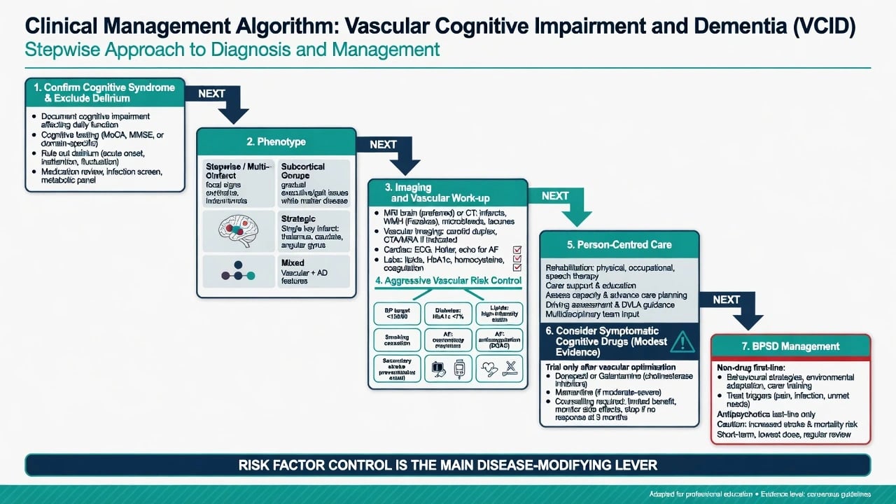 Stepwise clinical management algorithm for vascular cognitive impairment from syndrome confirmation through phenotype, imaging, aggressive risk-factor control, person-centred care, optional symptomatic cognitive drugs, and BPSD management