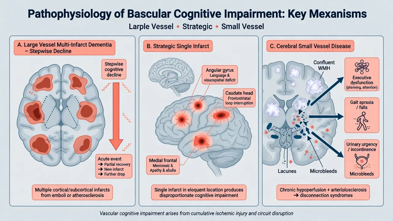 Educational three-panel schematic of multi-infarct large-vessel disease, strategic single infarct sites, and cerebral small-vessel disease mechanisms of vascular cognitive impairment