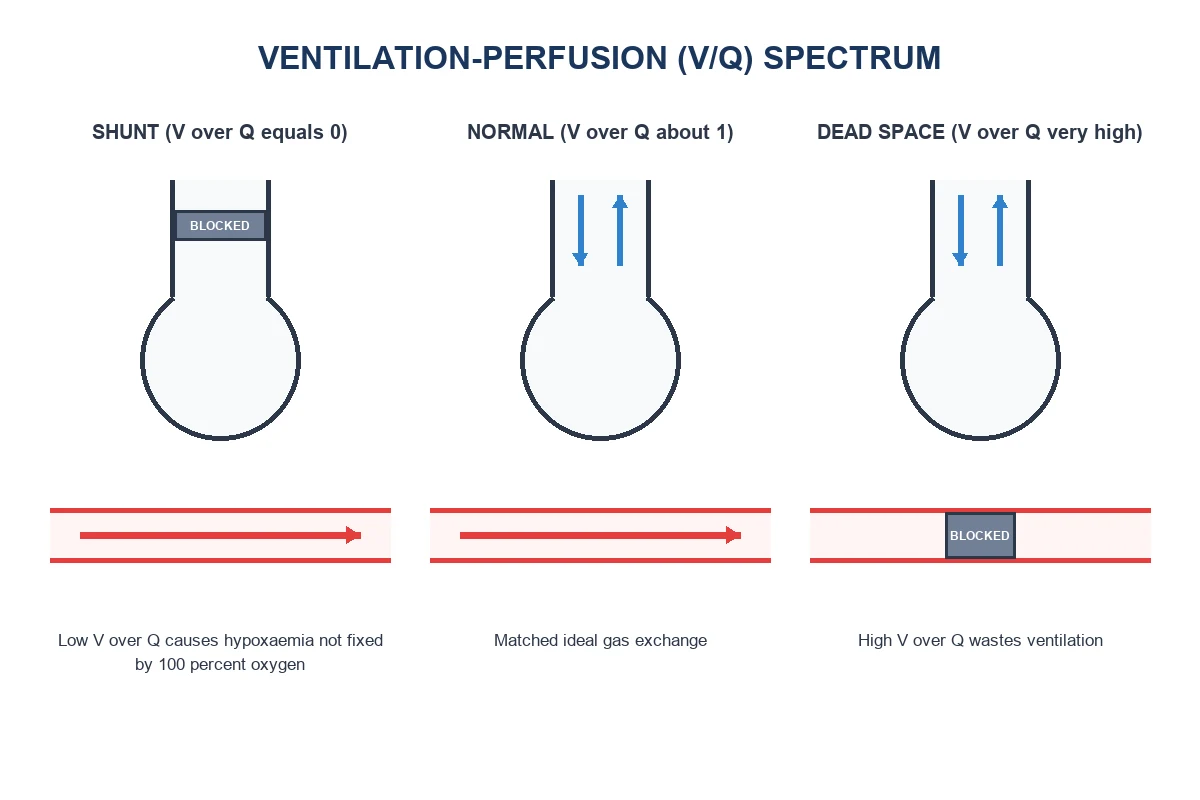 V/Q spectrum from shunt through ideal matching to dead space