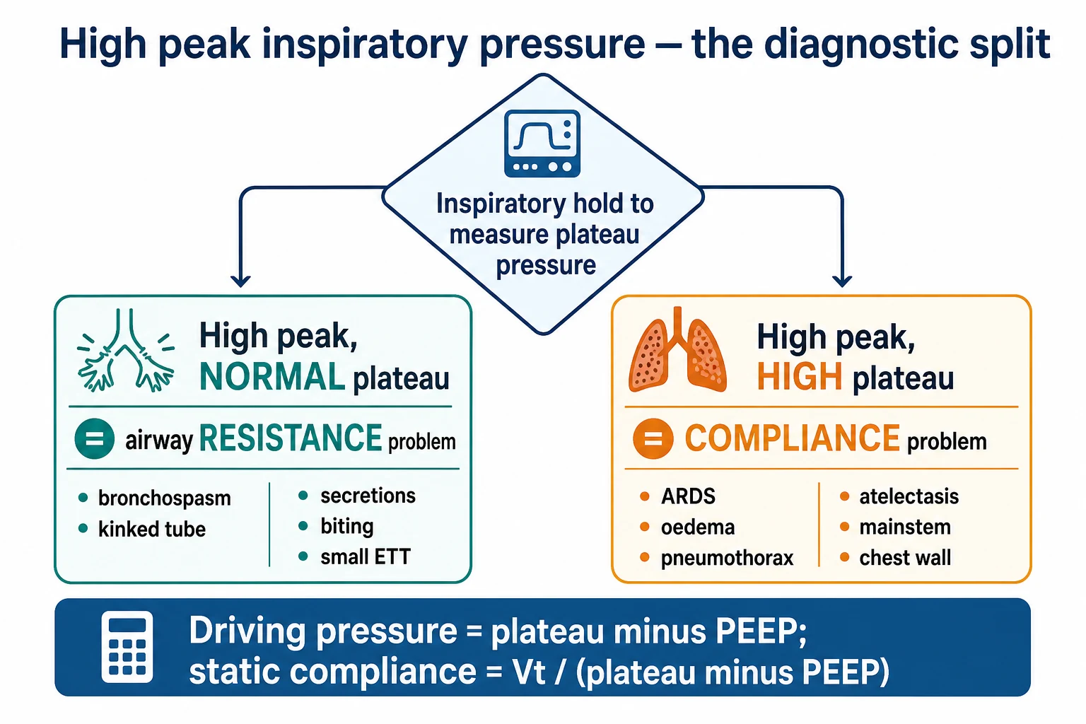 Infographic of inspiratory hold manoeuvre splitting peak inspiratory pressure into resistive PIP minus Pplat and elastic Pplat minus PEEP driving pressure components