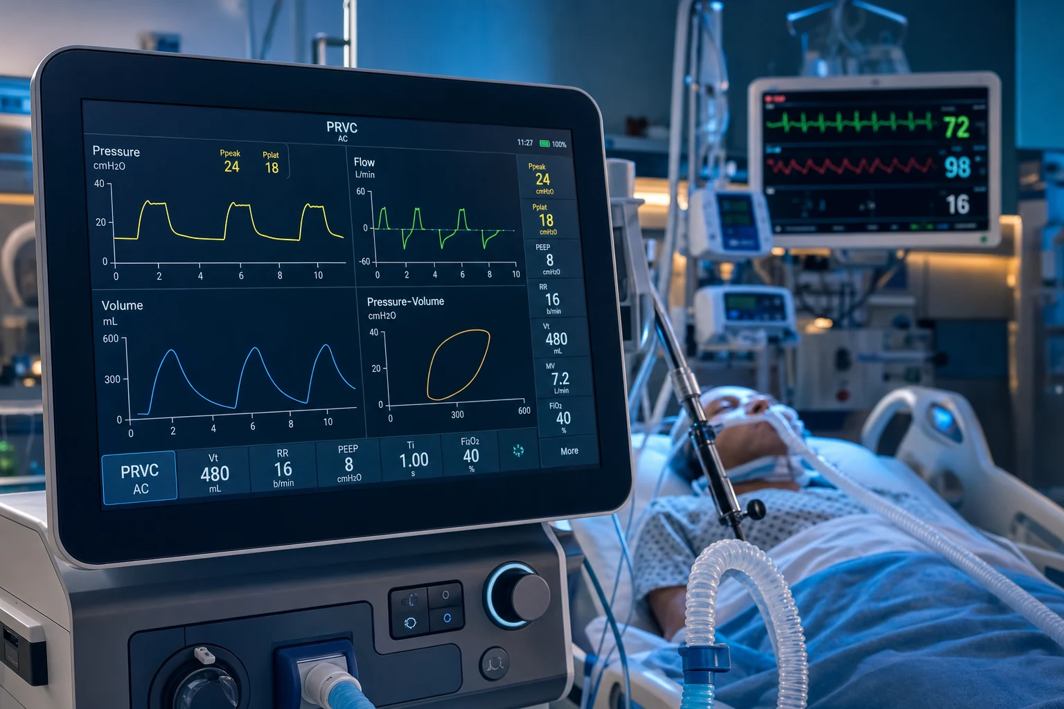 Educational illustration of mechanical ventilator pressure flow and volume scalar waveforms on a monitor beside a ventilated ICU patient, clinical-blue lighting, no text overlays, no identifiable faces