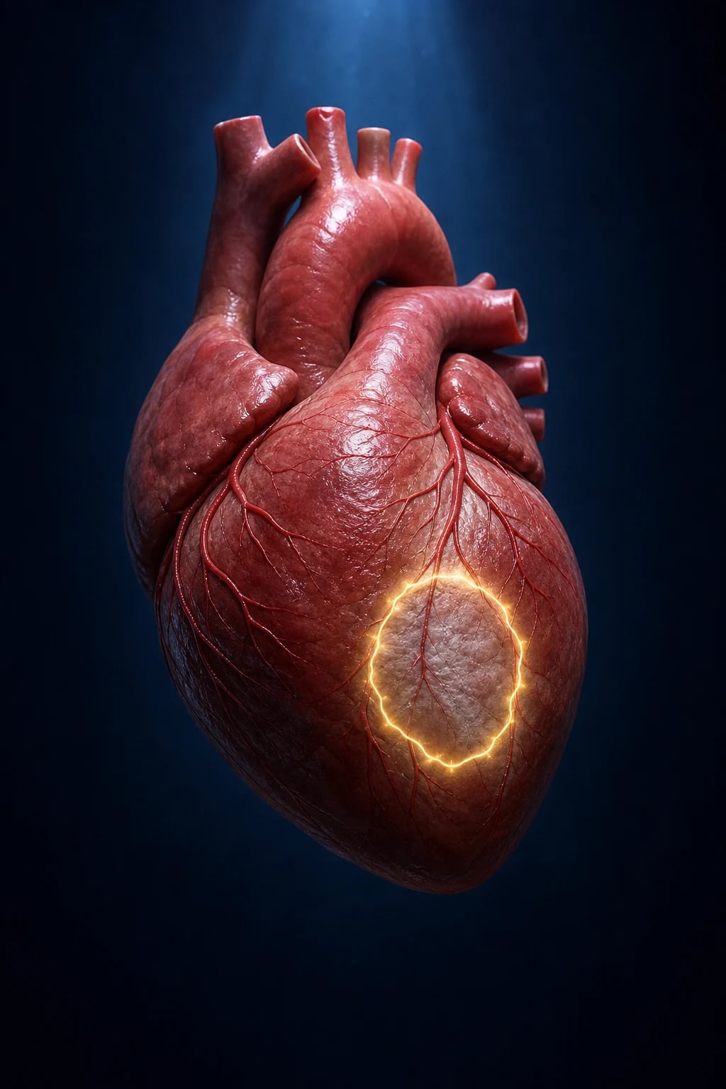 Cinematic close-up of the human heart with a stylised broad-complex ECG strip showing monomorphic ventricular tachycardia degenerating into the chaotic waveform of ventricular fibrillation, deep navy background with red and gold conduction-flow highlights