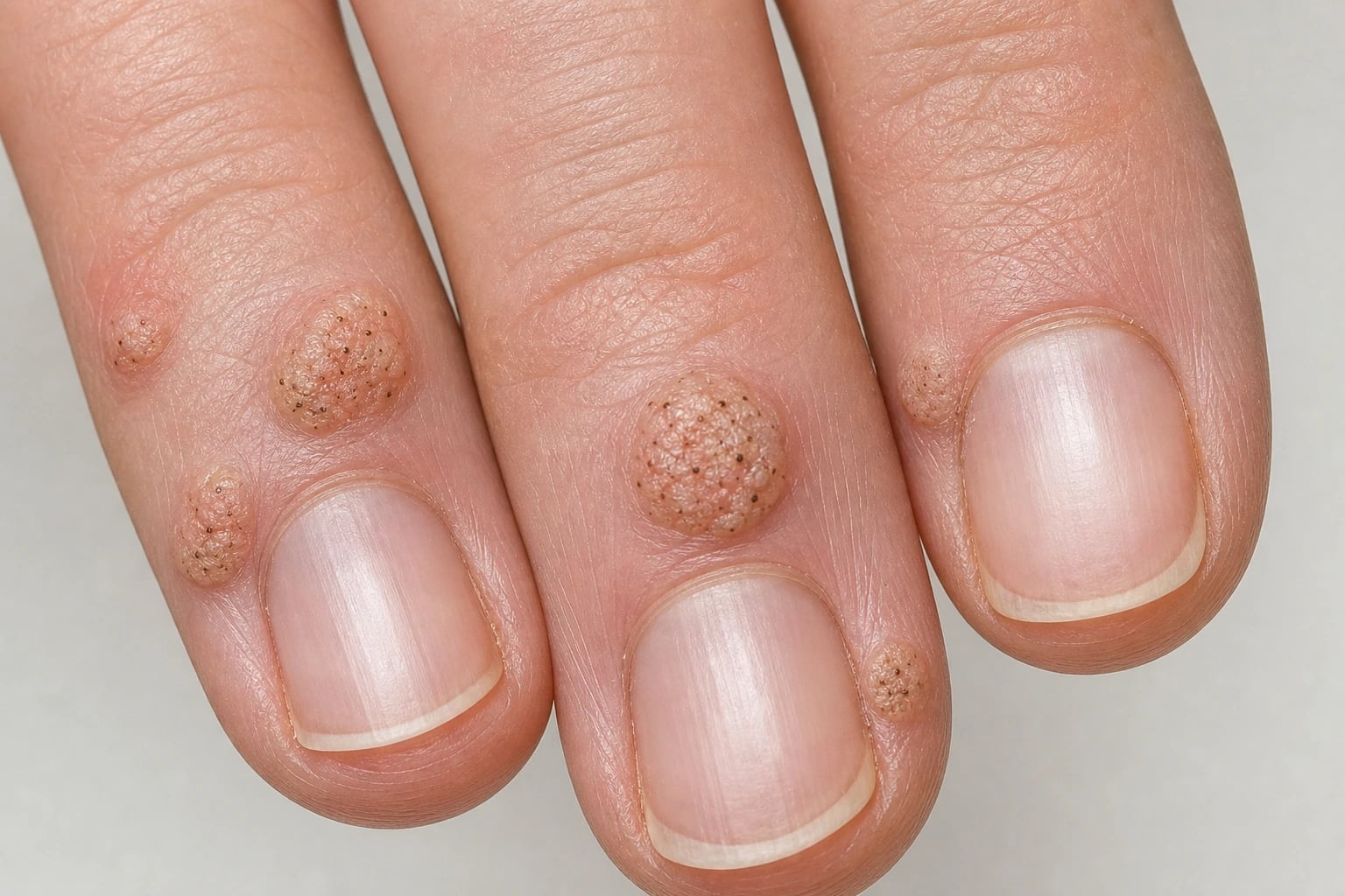 Several firm hyperkeratotic papules with thrombosed capillary black dots on the fingers and periungual skin characteristic of common warts