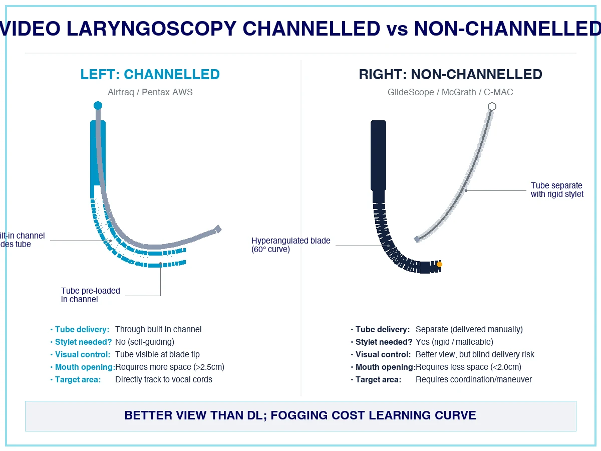 Video laryngoscopy — channelled vs non-channelled devices, GlideScope, McGrath, C-MAC, and the evidence versus direct laryngoscopy