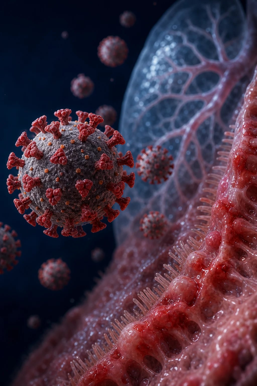 ICU scene showing a multiplex respiratory viral PCR panel result, a chest X-ray with bilateral viral infiltrates, a nasopharyngeal swab, and oseltamivir and supportive respiratory support running, clinical-blue lighting