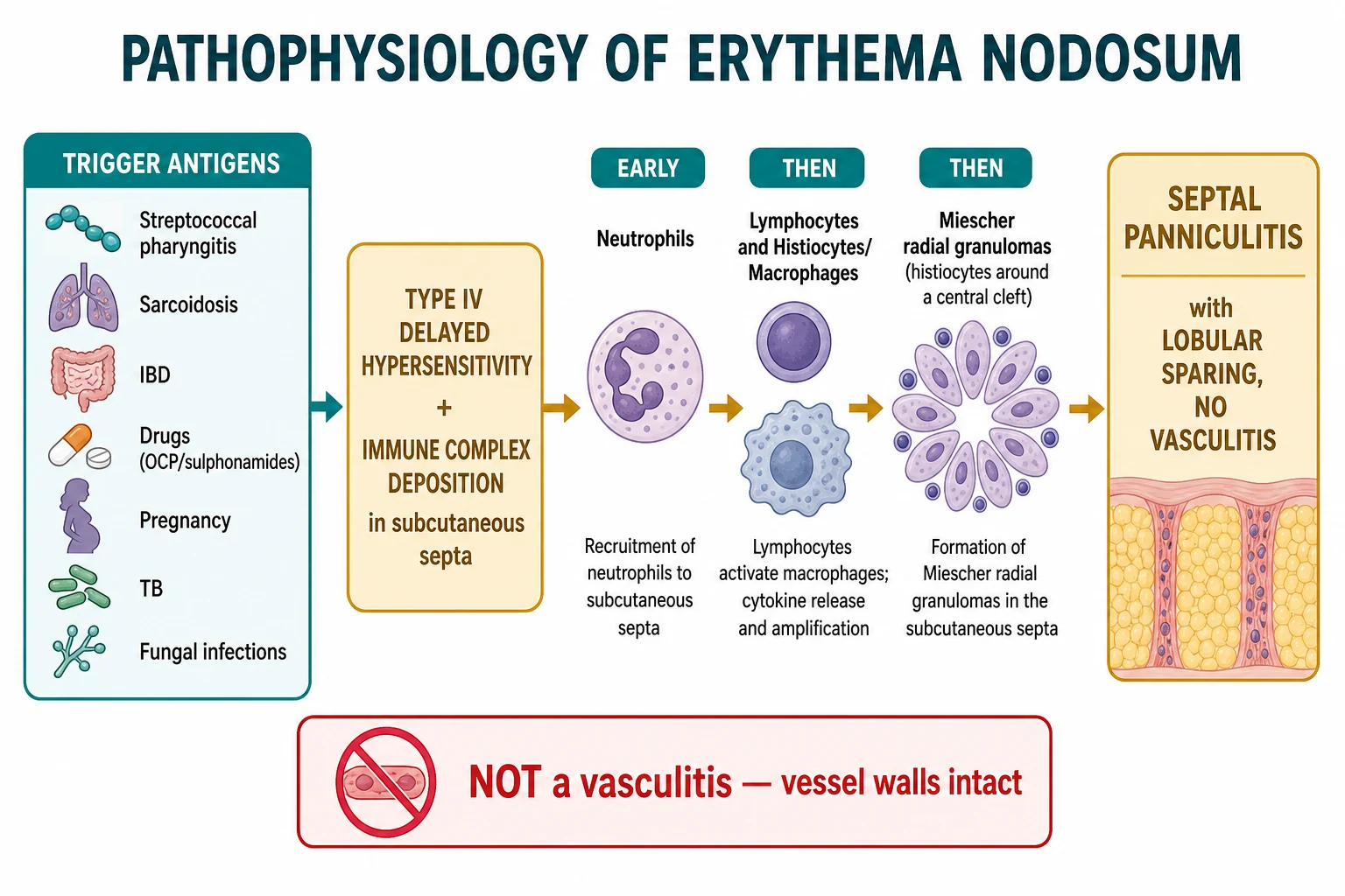 Pathophysiology cascade of a viral exanthem showing mucosal entry, primary replication, primary viraemia to reticuloendothelial system, secondary viraemia seeding the skin, and immune-mediated damage by cytotoxic T-cells and immune complexes on virus-infected dermal endothelium and keratinocytes