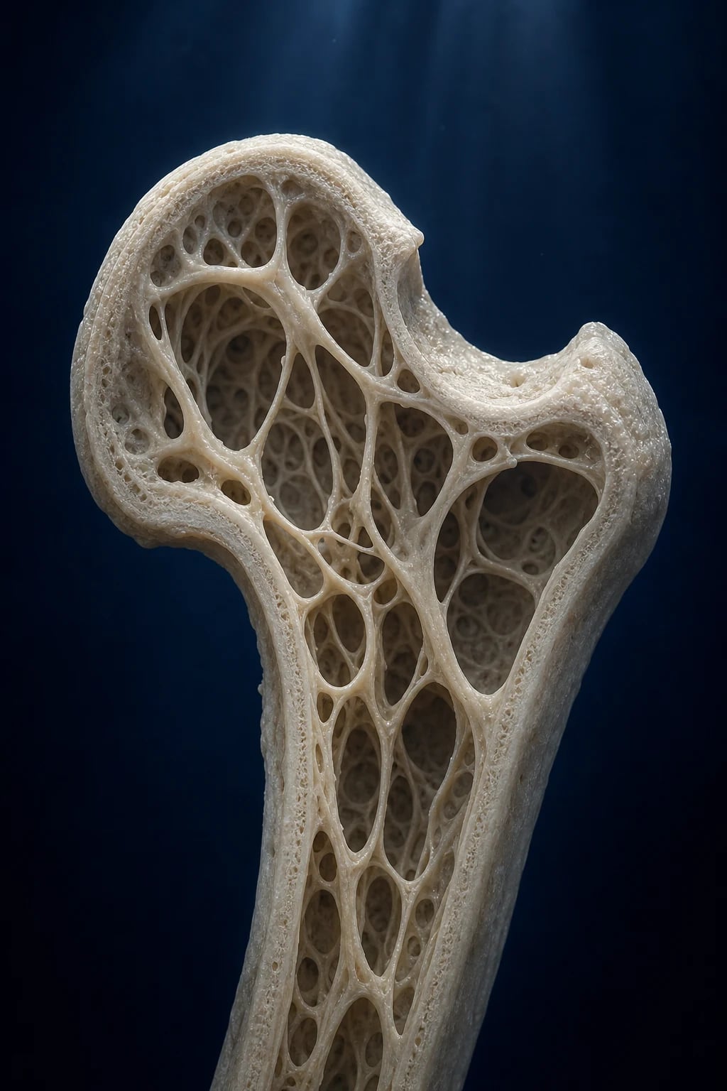 Cinematic 3D cross-section of bone with thinned, demineralised cortex and sparse trabeculae, against a deep navy background