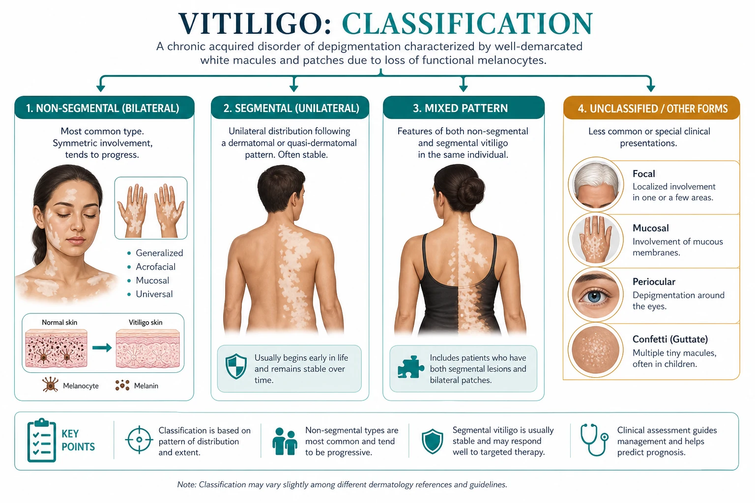 Diagram illustrating segmental versus non-segmental vitiligo distribution patterns