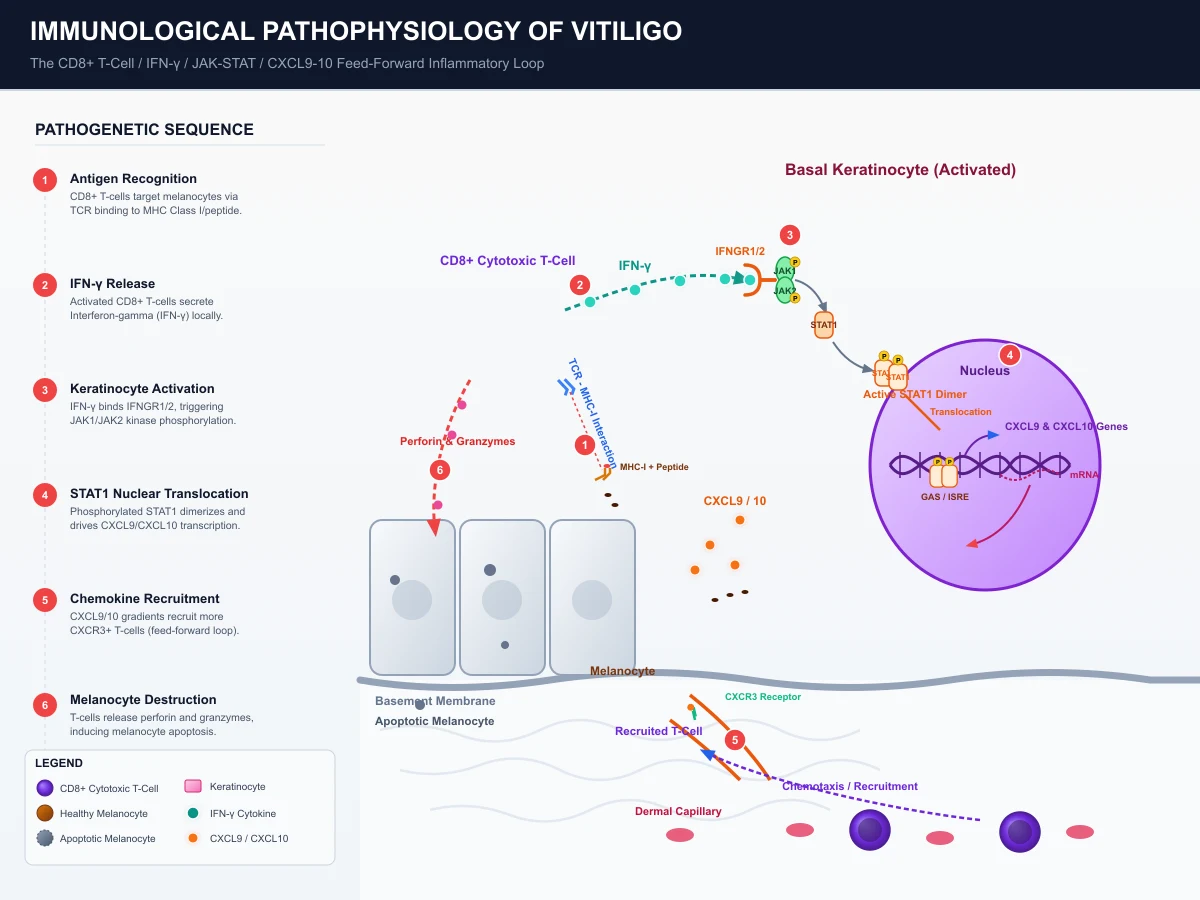 Diagram of vitiligo pathophysiology showing CD8 T-cells, IFN-γ, JAK-STAT signalling, CXCL9/CXCL10, and melanocyte destruction