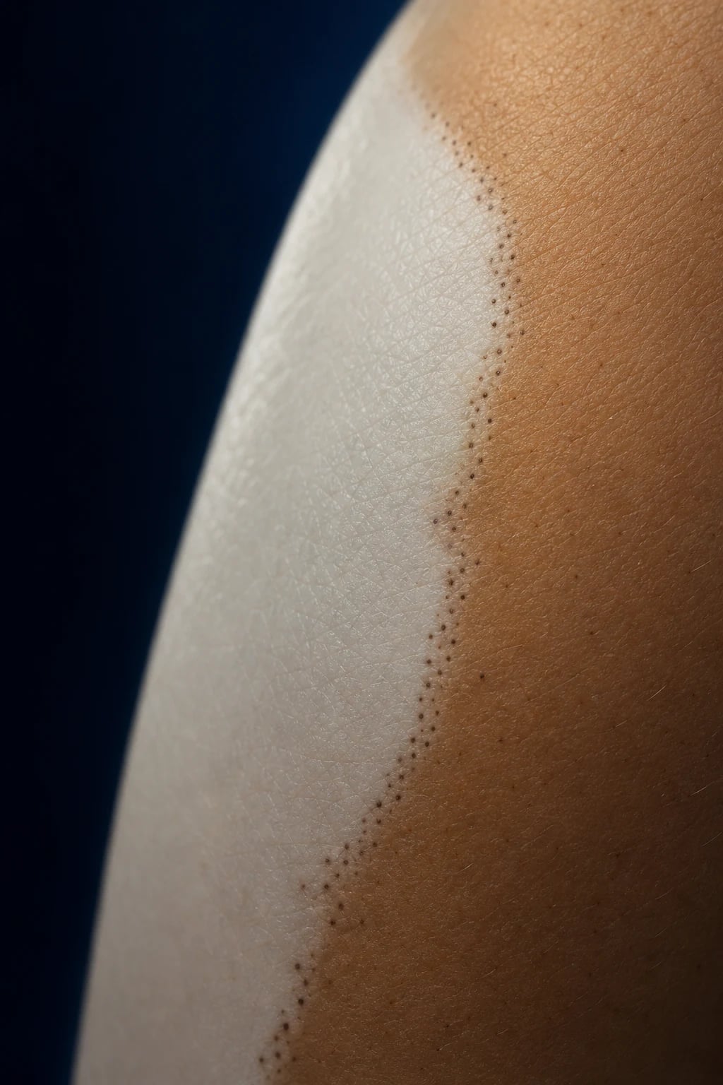 Cinematic close-up of skin with a sharply demarcated pale chalk-white depigmented patch beside normally pigmented skin, with a Wood-lamp glow on the border, against a deep navy background