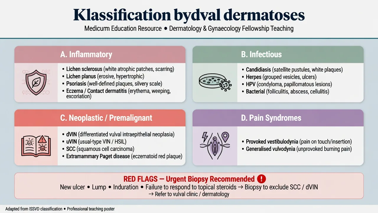 Four-panel classification of vulval dermatoses: inflammatory, infectious, neoplastic, pain syndromes with red-flag biopsy box