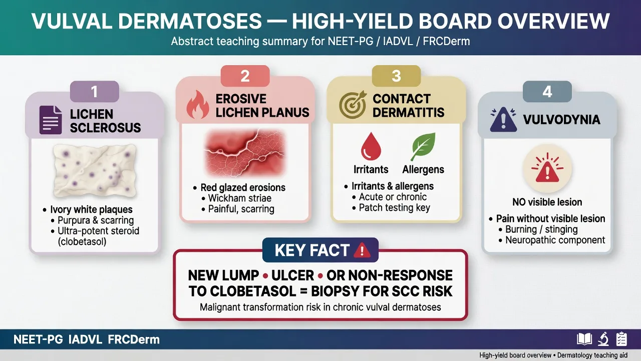 Educational overview poster of vulval dermatoses disease cards: lichen sclerosus, erosive lichen planus, contact dermatitis, vulvodynia, with SCC biopsy red-flag box