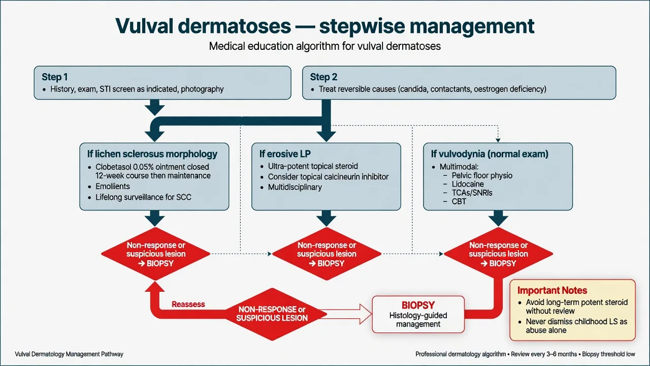 Stepwise management algorithm for vulval dermatoses including clobetasol for LS, erosive LP pathway, and multimodal vulvodynia care