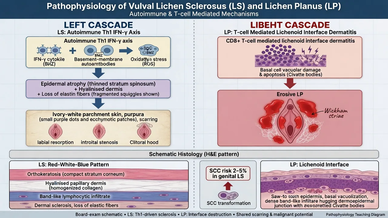 Pathophysiology schematic comparing lichen sclerosus autoimmune atrophy pathway with erosive lichen planus interface dermatitis