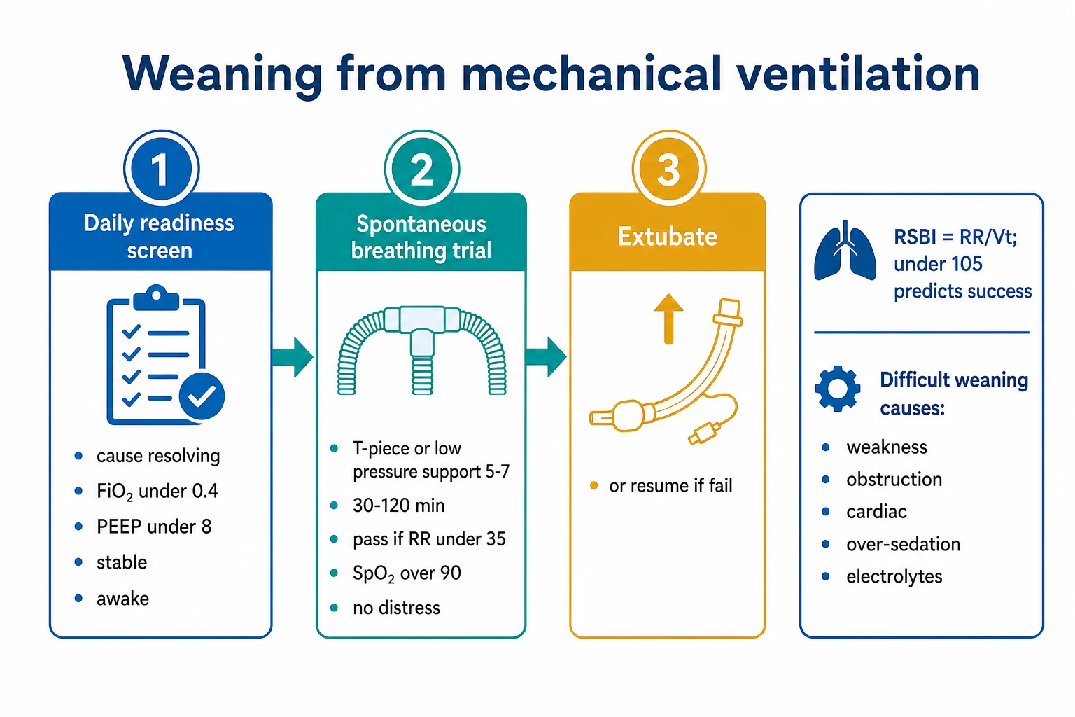 Three-step flow infographic on a white clinical-blue background: 1 daily readiness screen (cause resolving, FiO2 under 0.4, PEEP under 8, stable, awake), 2 SBT (T-piece or low pressure support 5-7, 30-120 min; pass if RR under 35, SpO2 over 90, no distress), 3 extubate or resume if fail; right-side box 'RSBI = RR/Vt; under 105 predicts success' and 'Difficult weaning causes: weakness, obstruction, cardiac, over-sedation, electrolytes'. Flat vector illustration, crisp typography.