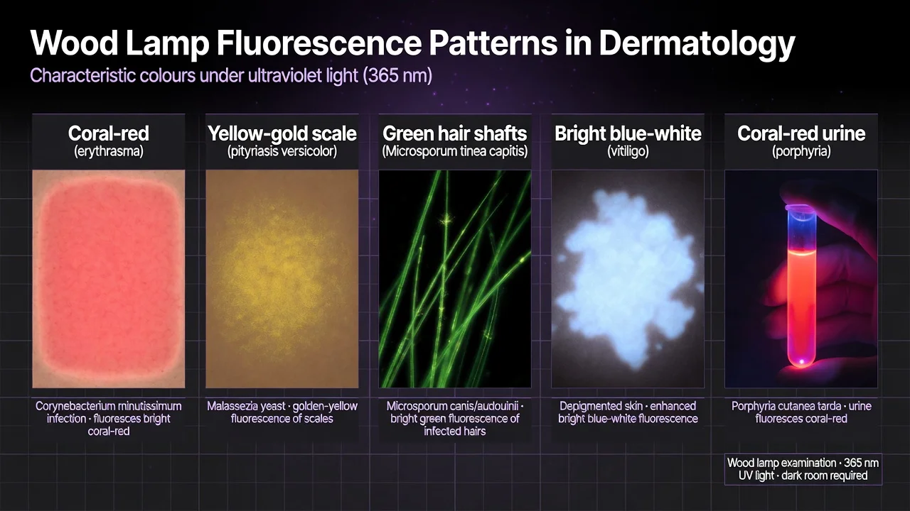 Educational panel of classic Wood lamp fluorescence colours and associated dermatologic diagnoses