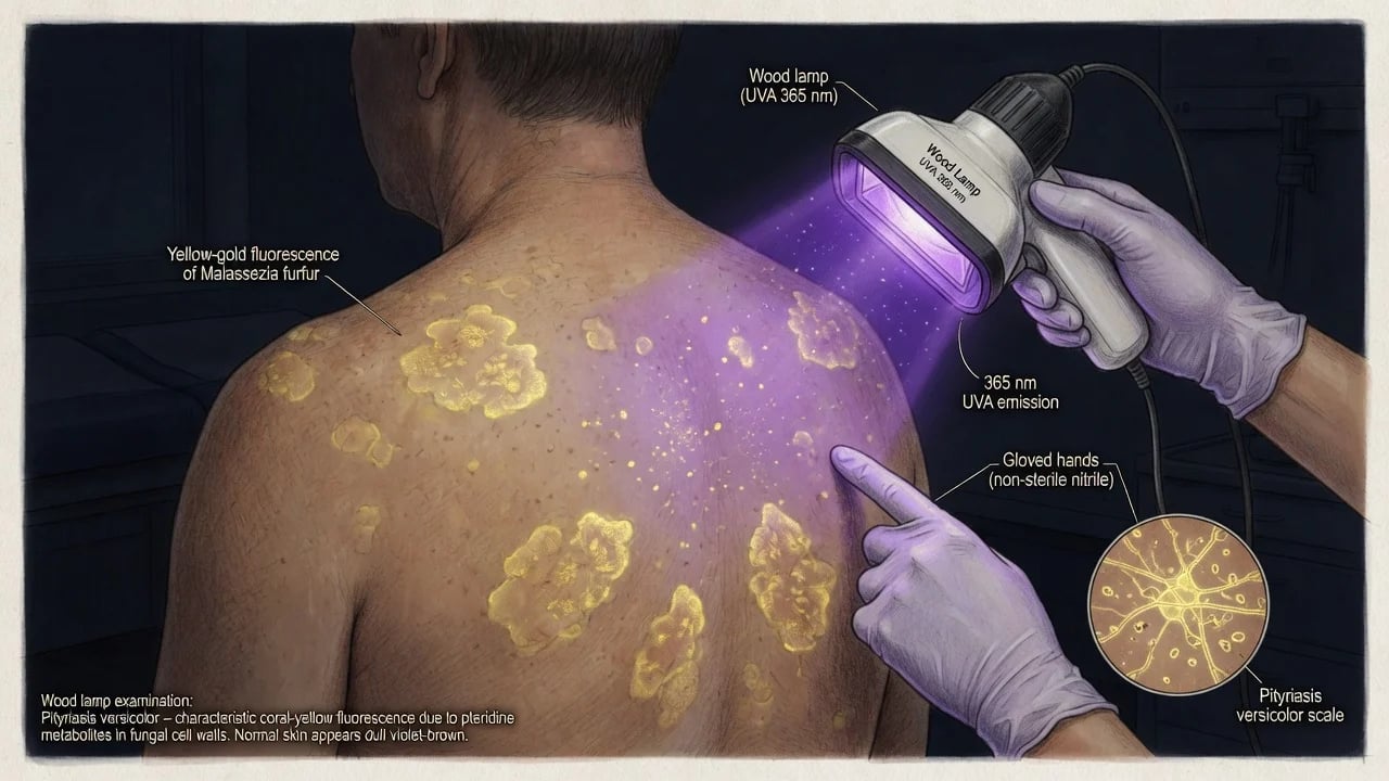 Educational illustration of Wood lamp UVA examination of the back in a darkened clinic room