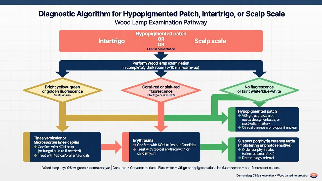Educational algorithm from clinical presentation through Wood lamp colour match to confirmatory testing and treatment pathway