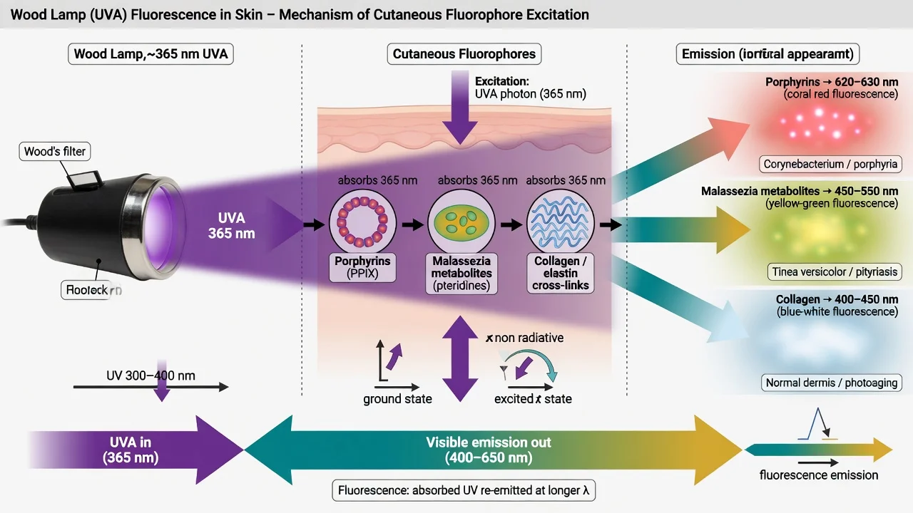 Educational schematic of Wood lamp UVA exciting cutaneous fluorophores and producing visible fluorescence