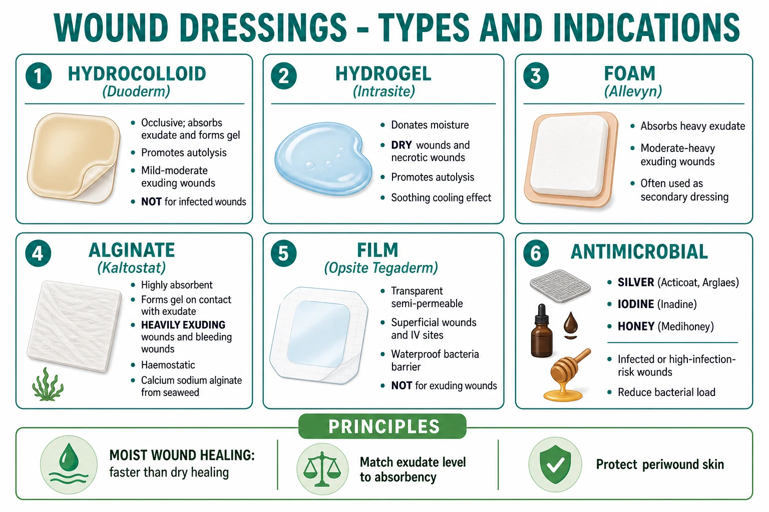 Selection guide for wound dressings matched to wound bed and exudate level: dry wounds use hydrogels and hydrocolloids; lightly exuding wounds use non-adherent silicone or paraffin gauze; moderately exuding wounds use hydrofibre or foam; heavily exuding wounds use alginate or gelling foam; infected wounds with slough use antimicrobial dressings containing silver, iodine, or PHMB; odorous wounds use charcoal dressings