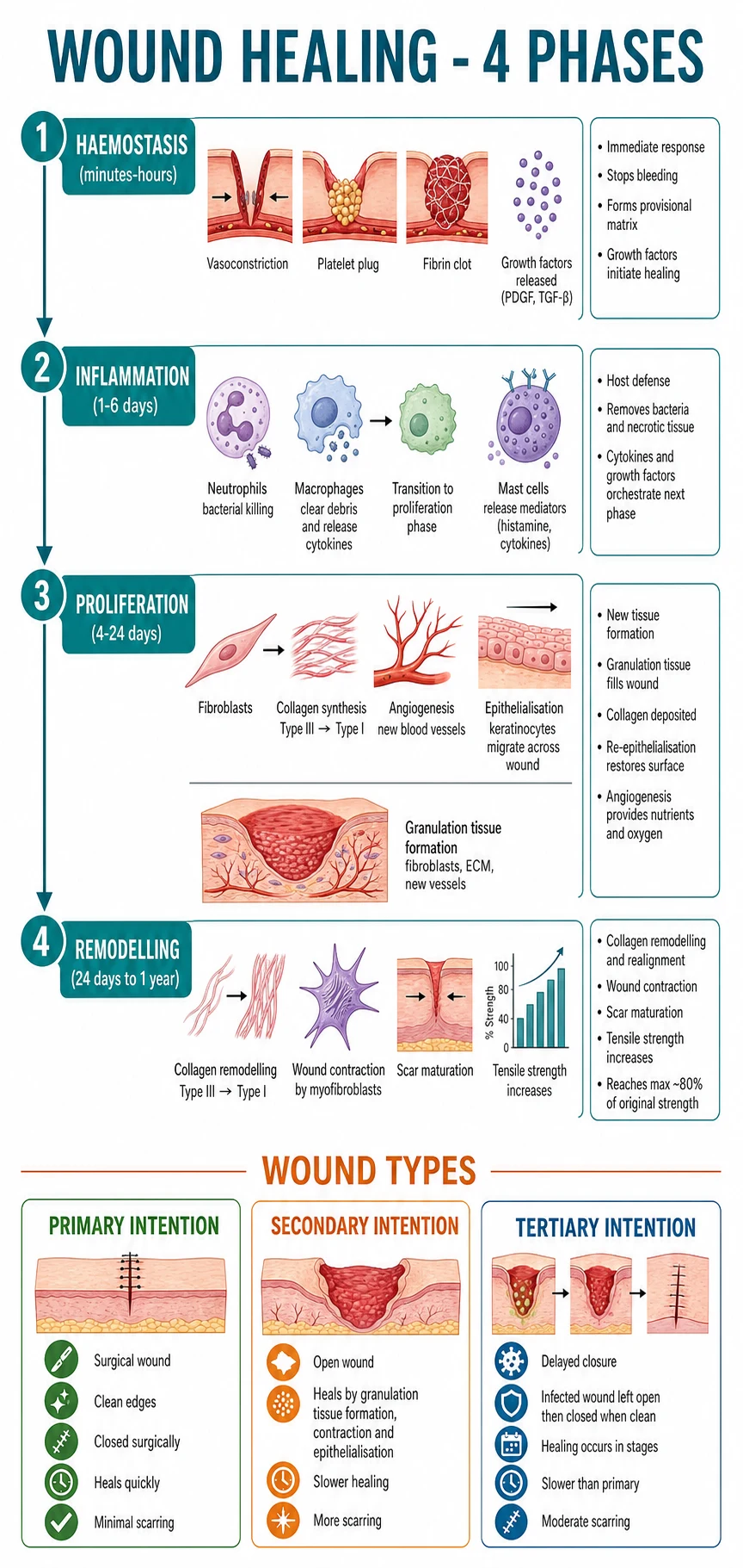 Timeline showing the four phases of wound healing (haemostasis, inflammation, proliferation, remodelling) with their cell types, growth factors, and durations