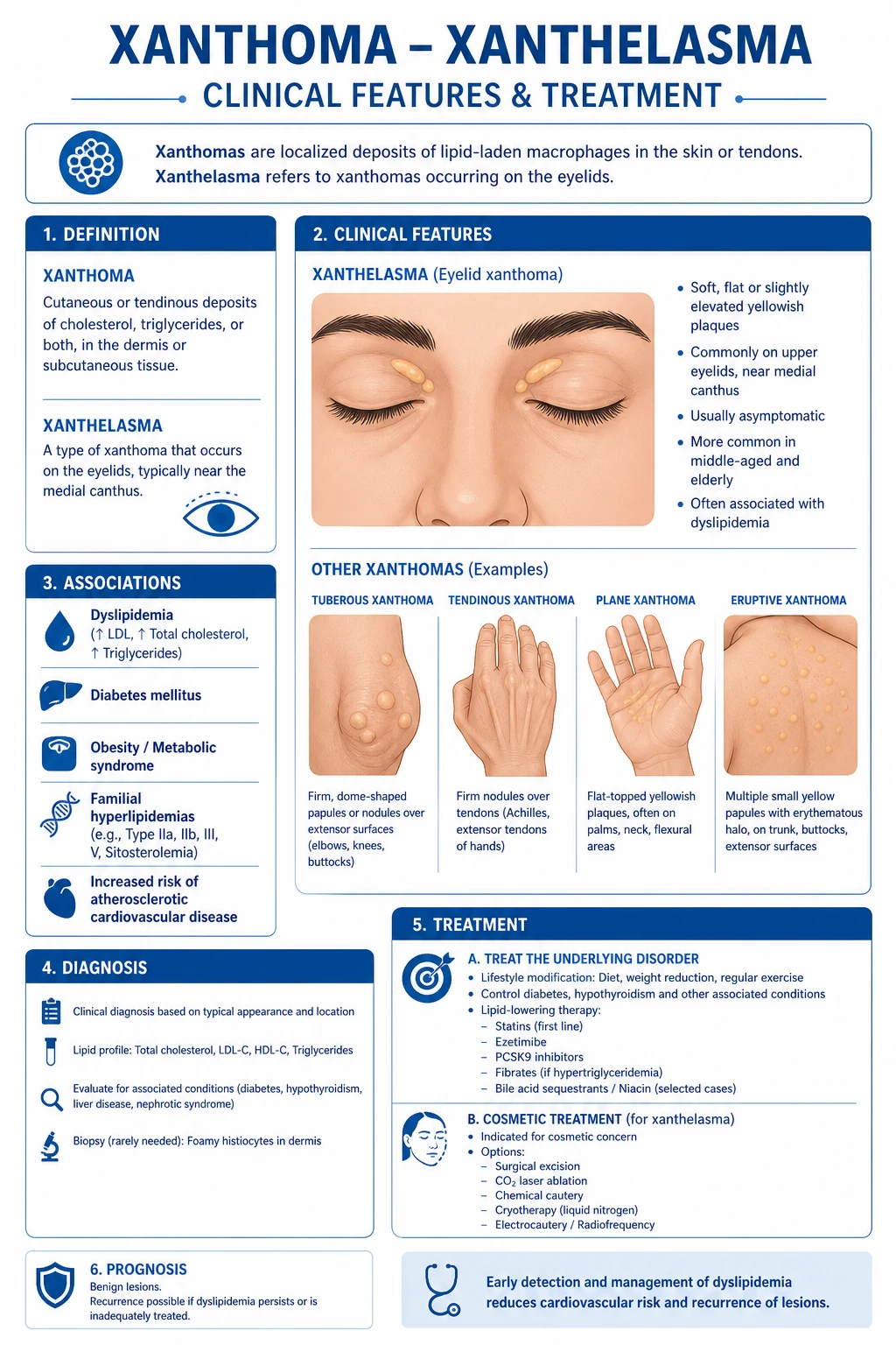 Classification diagram of the six clinical types of cutaneous xanthoma showing their anatomic distribution and the associated lipoprotein abnormality