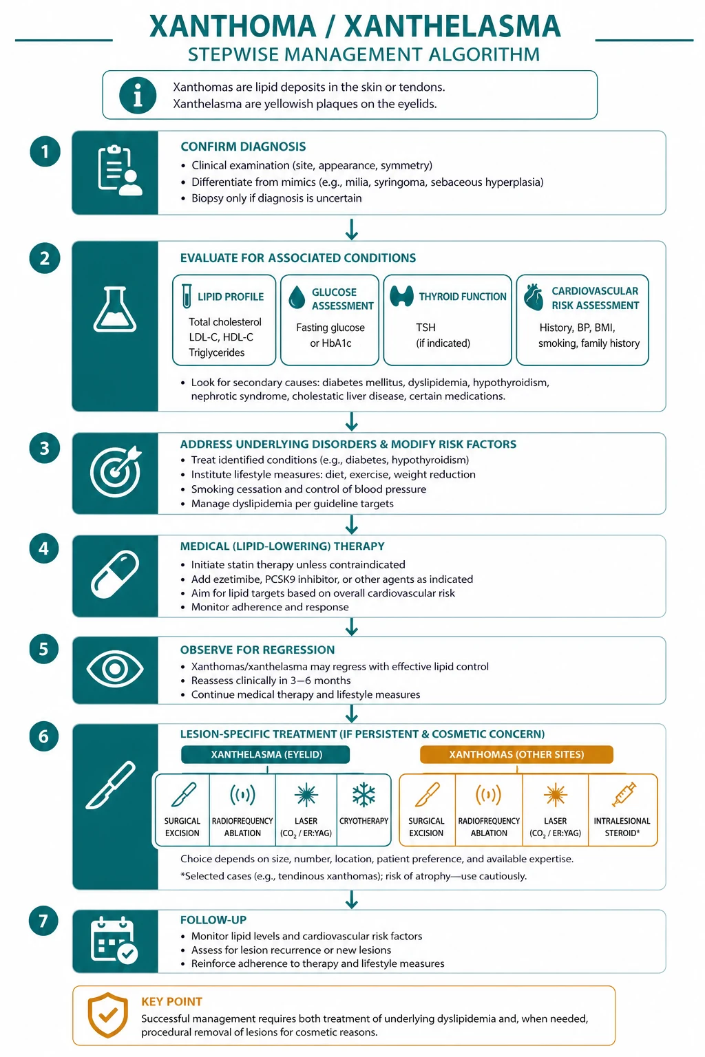 Stepwise management algorithm for xanthomas showing investigation of the underlying dyslipidaemia followed by lipid-lowering and cosmetic options for xanthelasma