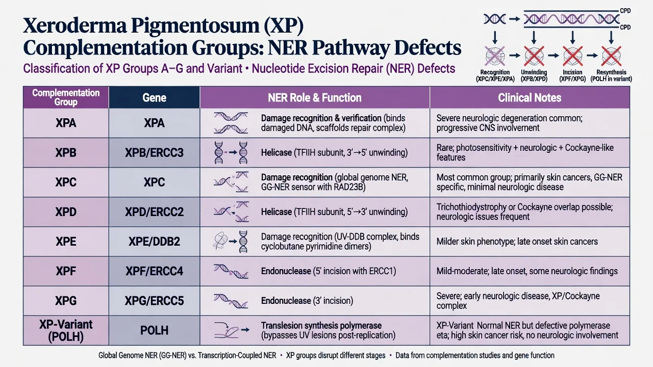 Table of XP complementation groups XPA through XPG and XP-variant POLH with NER roles and clinical notes