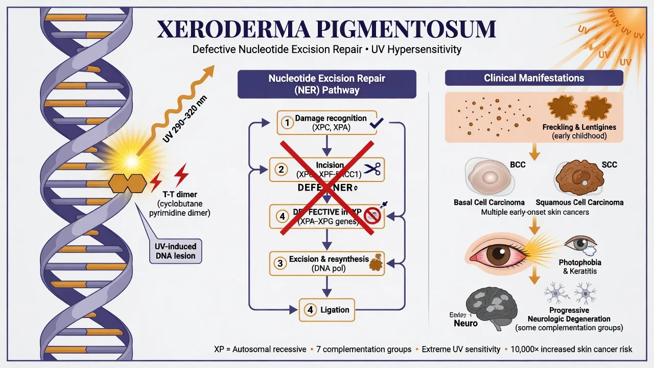 Educational hero schematic of xeroderma pigmentosum showing UV damage to DNA, defective nucleotide excision repair, freckling and early skin cancer cascade